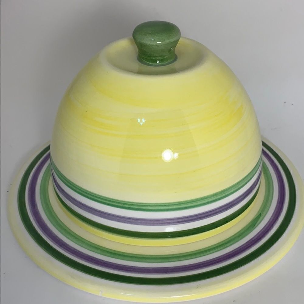 Porcelain Ceramic Cheese Plate With Domed Lid Yellow Green Home Bar Entertaining